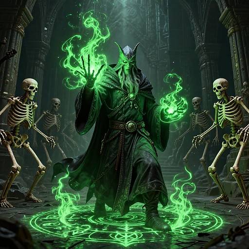 Digital artwork of a dark-robed, horned sorcerer casting green fire spells in a gothic cathedral, surrounded by skeletal figures.