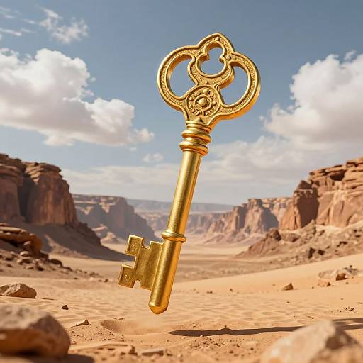 Golden ornate key suspended mid-air in a desert canyon, with red rock formations and a bright blue sky with clouds in the background. Photograph.
