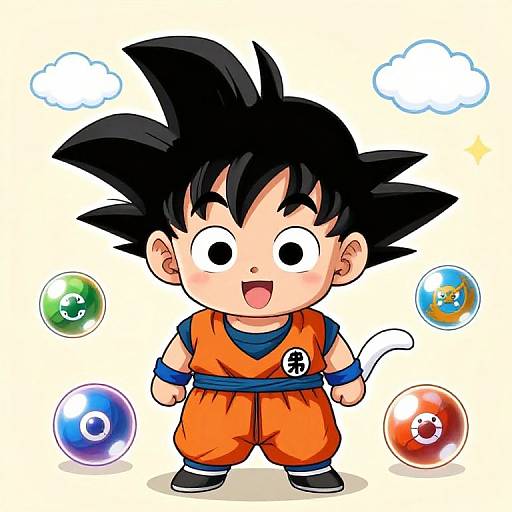 Digital anime-style drawing of a chibi Son Goku with spiky black hair, wearing orange gi, blue sash, and white gloves, standing with