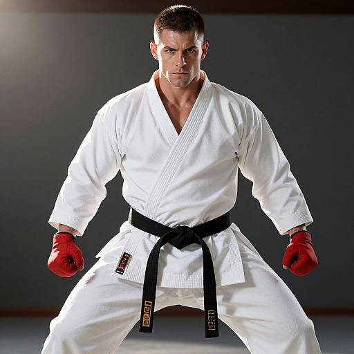 Photograph of a muscular, focused male martial artist in a white gi with a black belt, red gloves, and black belt, standing in a fighting
