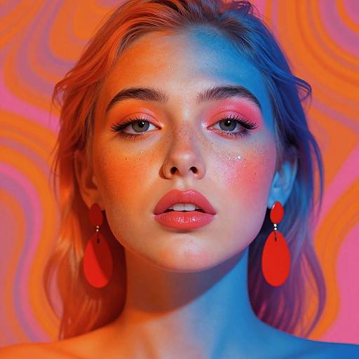 Photograph of a blonde woman with glowing skin, red lips, and red teardrop earrings, against a vibrant orange and blue patterned background.