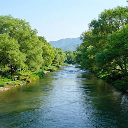 Photograph of a serene, sunlit river flowing through lush green trees and hills, with clear blue skies overhead.