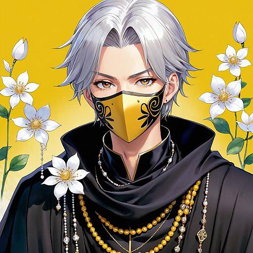Anime-style digital drawing of a silver-haired man with yellow mask, black cloak, gold beads, surrounded by white flowers on yellow background.