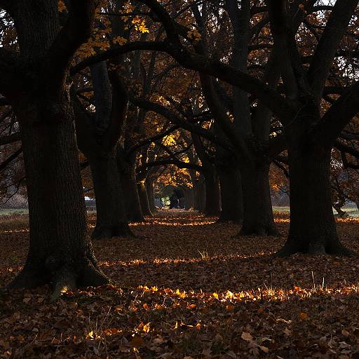 Photograph of a dark, autumn forest with tall trees, orange leaves on the ground, and dim, glowing light filtering through branches.