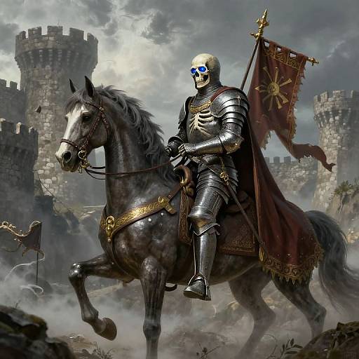 Digital artwork of a skeletal knight with blue eyes, armored and riding a black horse, holding a red flag, in a medieval castle landscape.