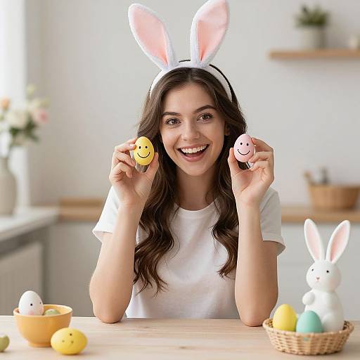 Photograph of a smiling woman with dark hair, white bunny ears, holding Easter eggs, in a bright kitchen, surrounded by eggs and bunny figures.