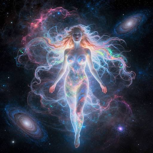 Digital art of a glowing, ethereal woman with long, colorful, flowing hair, floating in space, surrounded by galaxies and cosmic clouds.
