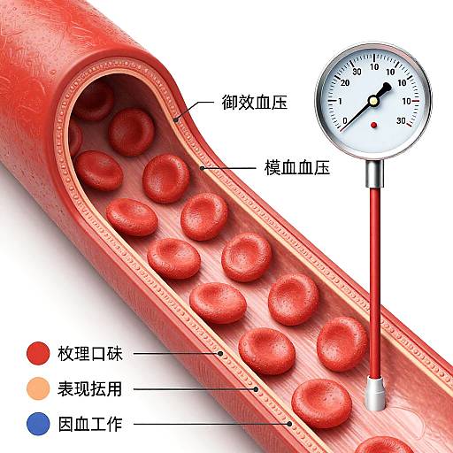 Digital illustration of a red artery with red blood cells, labeled in Chinese, alongside a pressure gauge showing 120 mmHg.