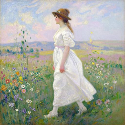 Romantic painting of a fair-skinned woman in a white dress, walking through a colorful meadow of wildflowers, sunlight filtering through, blue sky