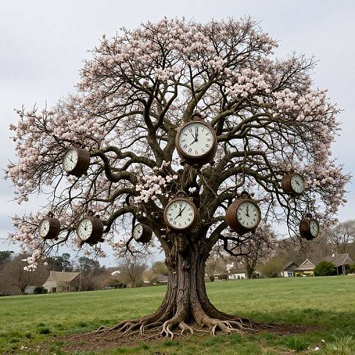 Photograph of a large tree with dark bark and pink blossoms, each branch bearing a round clock face, set in a lush green field with houses