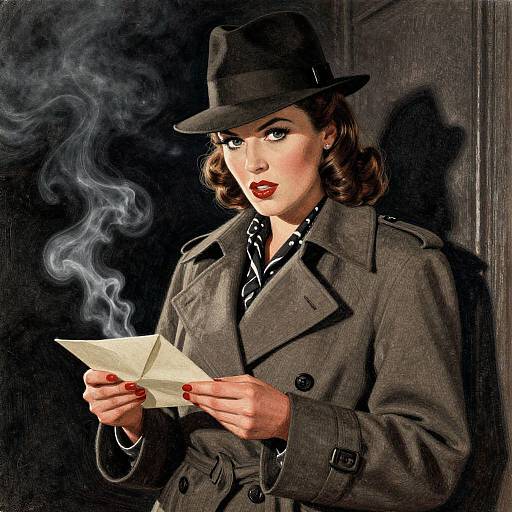 Vintage-style illustration of a red-lipped woman with curled brown hair, wearing a black hat and gray coat, smoking while reading a letter with red nails