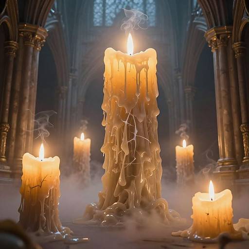 Photograph of glowing, melting candles in a Gothic cathedral, with dripping wax and smoke, surrounded by tall, arched stone columns.