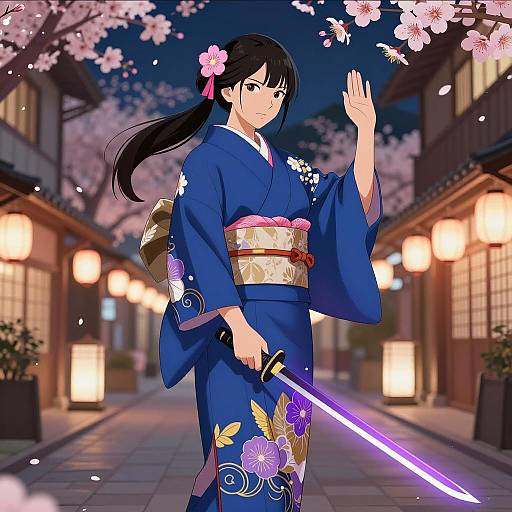 Vibrant Nighttime Kimono Warrior Scene