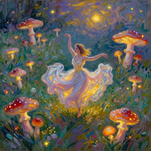 Whimsical digital painting: fairy in glowing white dress dances among glowing red and orange mushrooms, with twinkling fireflies and a radiant moon in a