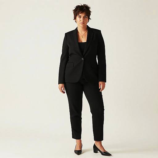 Photograph of a woman with short, spiky brown hair, wearing a black blazer, black pants, and black flats, standing against a white