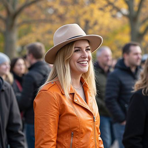 Photograph of a smiling blonde woman with light skin, wearing an orange leather jacket and beige hat, standing in a blurred outdoor crowd with autumn trees in
