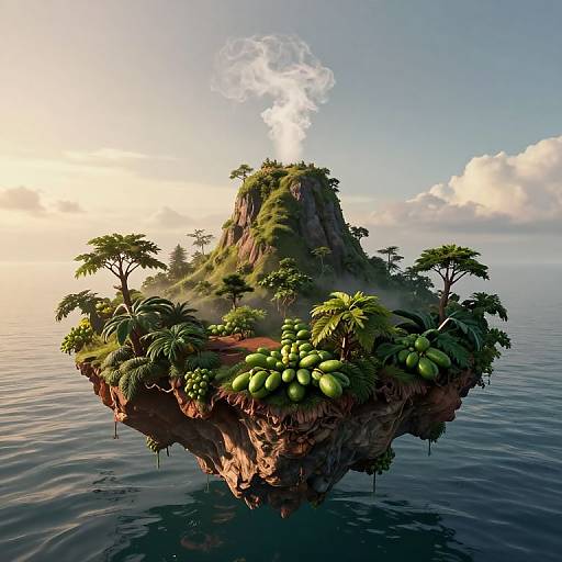 Floating island with lush green trees, abundant green fruits, and a smoking peak, surrounded by calm ocean under a bright sky.