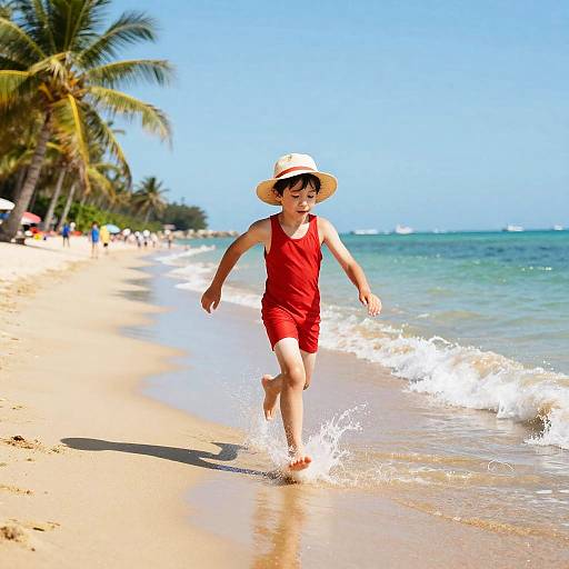 Carefree Boy Running on Tropical Shoreline