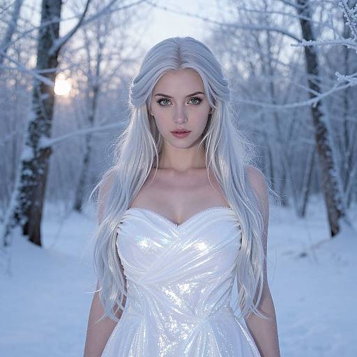 Photograph of a fair-skinned woman with long, white-blonde hair, wearing a shimmering white strapless dress, standing in a snowy