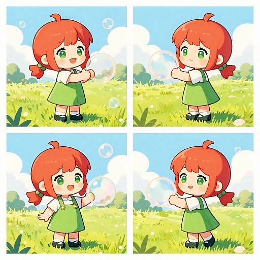Four-panel digital anime-style drawing of a cute red-haired girl with green eyes, green dress, and pigtails, waving in a sunny meadow