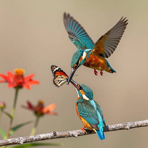 Vibrant Kingfishers Feeding a Butterfly