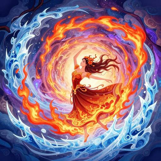 Digital artwork of a fiery, flowing, red-dressed woman with long black hair, surrounded by swirling blue and orange flames in a cosmic, starry