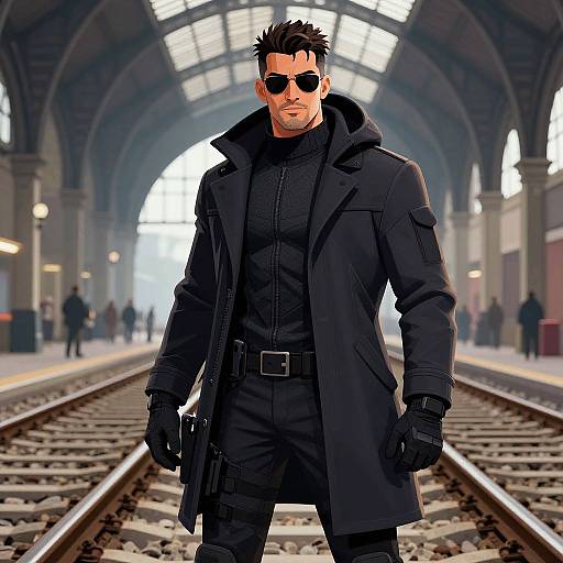 Digital artwork of a muscular, black-haired man in sunglasses, black coat, and gloves, standing on a train platform with arched ceiling.