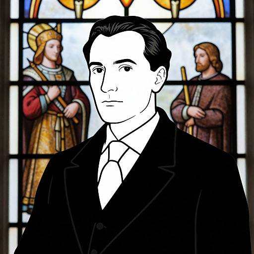 Digital artwork of a black-and-white, stylized man in a suit superimposed over a colorful stained glass window depicting two robed figures.
