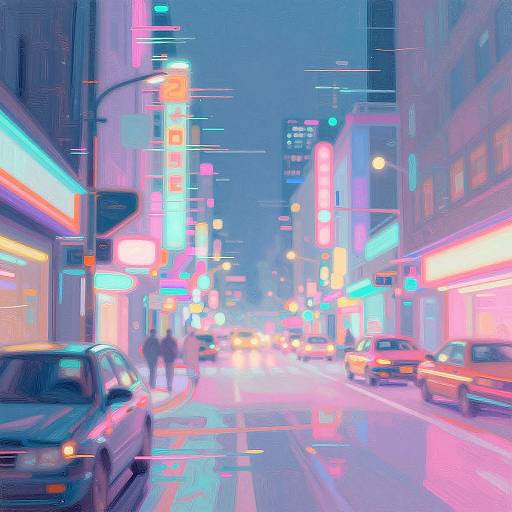 Neon-lit urban street scene at night, blurry and digitally distorted, with colorful lights, parked cars, and glowing signs on both sides.