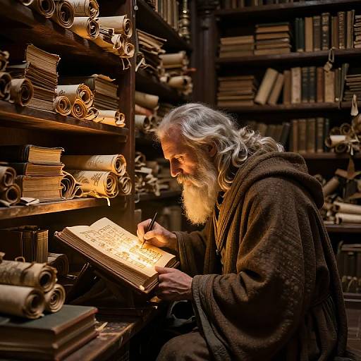 Photograph of an elderly bearded man with long white hair, wearing a brown robe, illuminated by a book's glowing text, surrounded by filled book