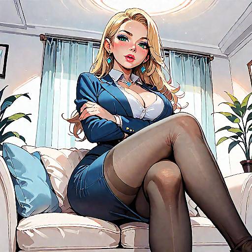 Digital illustration of a blonde woman in a blue blazer, white blouse, and black skirt, sitting confidently on a white couch, with crossed arms and