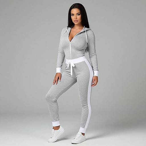 Photograph of a confident, dark-haired woman in a gray zip-up tracksuit with white trim, white sneakers, and a white belt, standing against