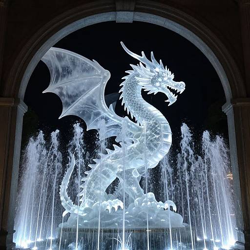 Photograph of a glowing, translucent dragon sculpture with wings and spikes, illuminated by bright lights, surrounded by water jets in an arched architectural background at