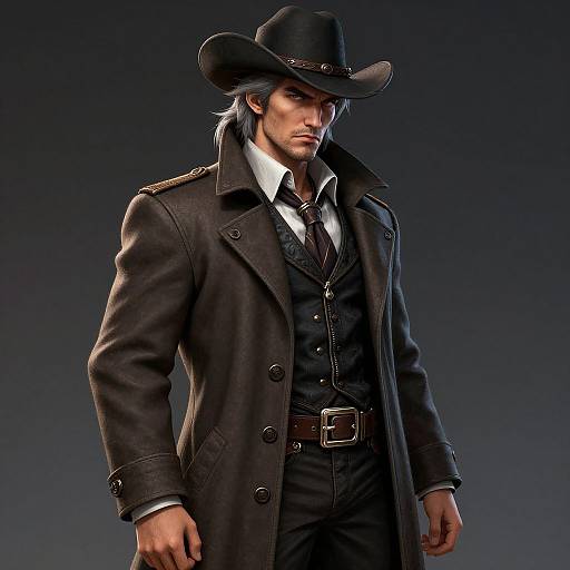 Photorealistic image of a stern, handsome man in a black cowboy hat, long coat, and dark western suit, standing against a dark gradient background