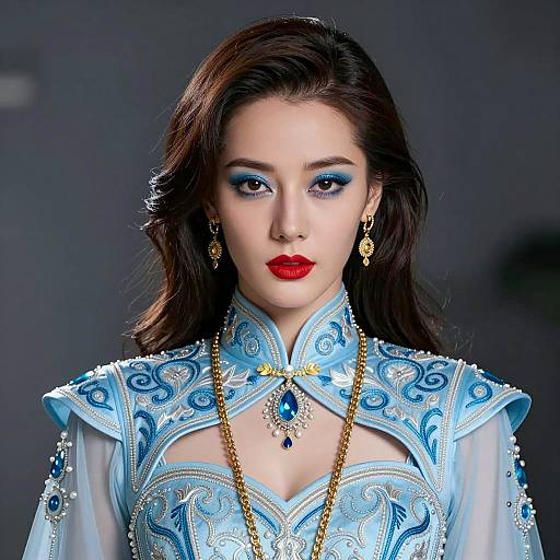 Elegant Asian Woman in Ice-Themed Embroidered Costume