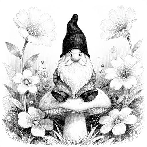 Black-and-white ink drawing of a gnome with a long beard and pointed hat, surrounded by detailed flowers and foliage.