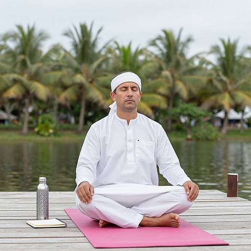 Photograph of a middle-aged man in white traditional attire, sitting cross-legged on a pink yoga mat by a tropical lake. Background: palm trees,