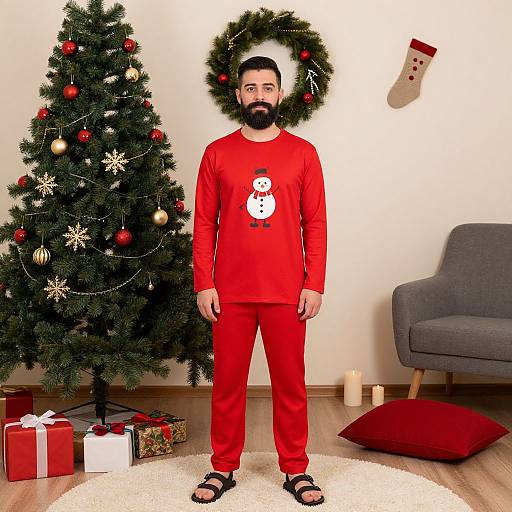 Photograph of a bearded man in red Christmas pajamas with a snowman graphic, black sandals, standing before a decorated Christmas tree and wreath