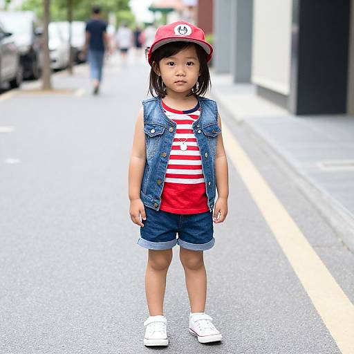 Photograph of an Asian toddler girl standing on a city street, wearing a red helmet, red and white striped shirt, denim vest, shorts, and
