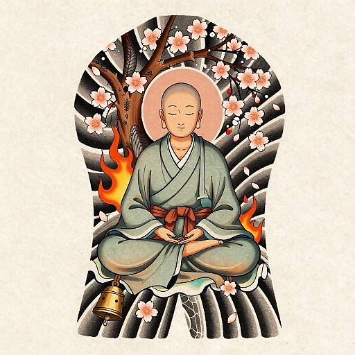 Digital illustration of a serene, bald Buddhist monk in green robes, sitting cross-legged, surrounded by cherry blossoms, black stones, and flames.