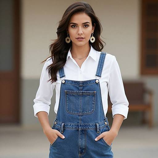 Photograph of a young woman with long dark hair, wearing a white button-up shirt and blue denim overalls, hands in pockets, standing confidently outdoors