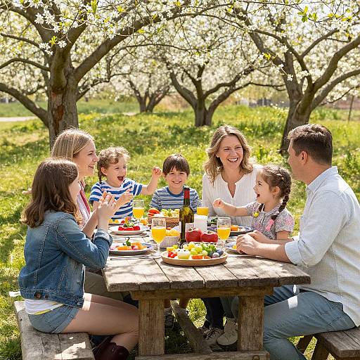 Photograph of a smiling family of six, including two parents and four children, enjoying a picnic outdoors under blooming trees.