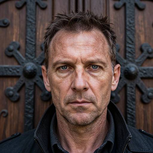 Double Exposure Rugged Man and Wooden Door