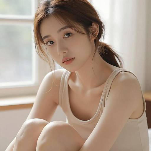 Photograph of a young Asian woman with fair skin, brown hair in a ponytail, wearing a white tank top, sitting indoors near a bright window