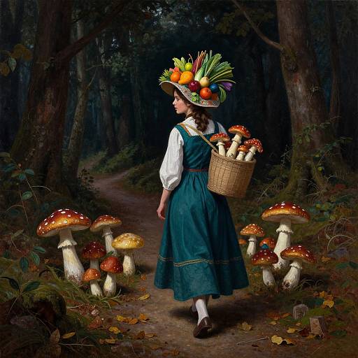 Fantastical forest scene: young woman in green dress and hat with fruit, carrying basket of mushrooms, walking past giant red-capped fungi. Digital
