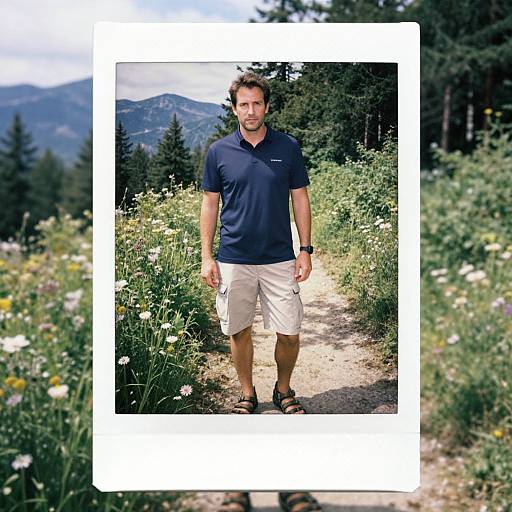 Photograph of a fit, bearded man with short brown hair, wearing a navy polo and beige shorts, standing on a dirt path surrounded by wild