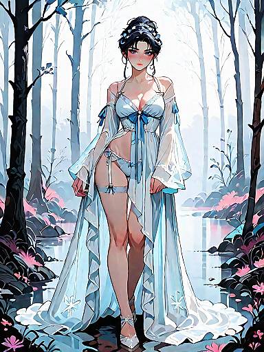 Dark Fantasy Woman in Satin Lingerie in Foggy Forest