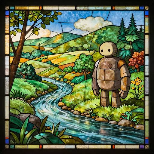 Stained glass artwork: Colorful landscape with robot standing by winding creek, surrounded by trees, hills, and vibrant flowers. Bright, detailed, and