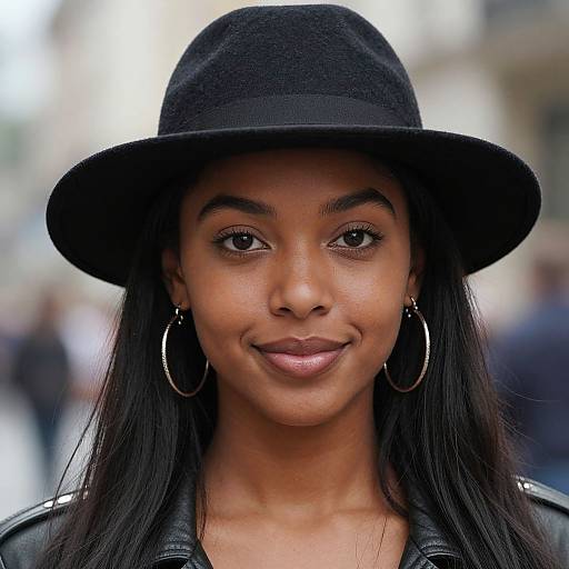 Photograph of a smiling Black woman with dark skin, long black hair, wearing a black hat, hoop earrings, and a leather jacket. Blurred