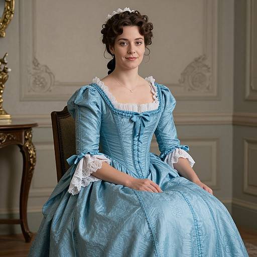 Photograph of a young woman with dark curly hair in an 18th-century blue satin dress with white lace, sitting in an elegant, intricately